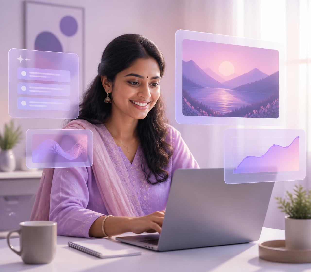 A learner using AI tools on a laptop with prompt and content-creation panels